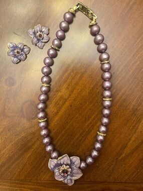 Vintage Lilac/Lavender Floral Necklace with Stud Earrings